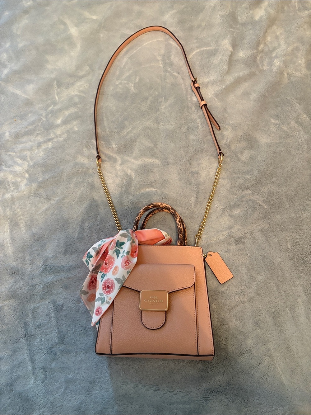 Coach Mauve Mini Pepper Leather & snakeskin Crossbody with Floral Scarf Accent